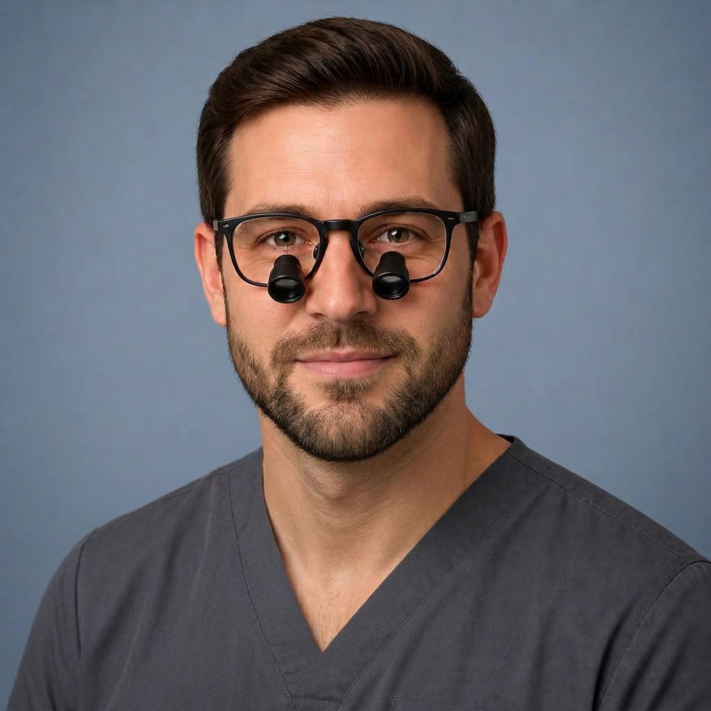 Studio portrait of a man wearing eyewear fitted with loupes